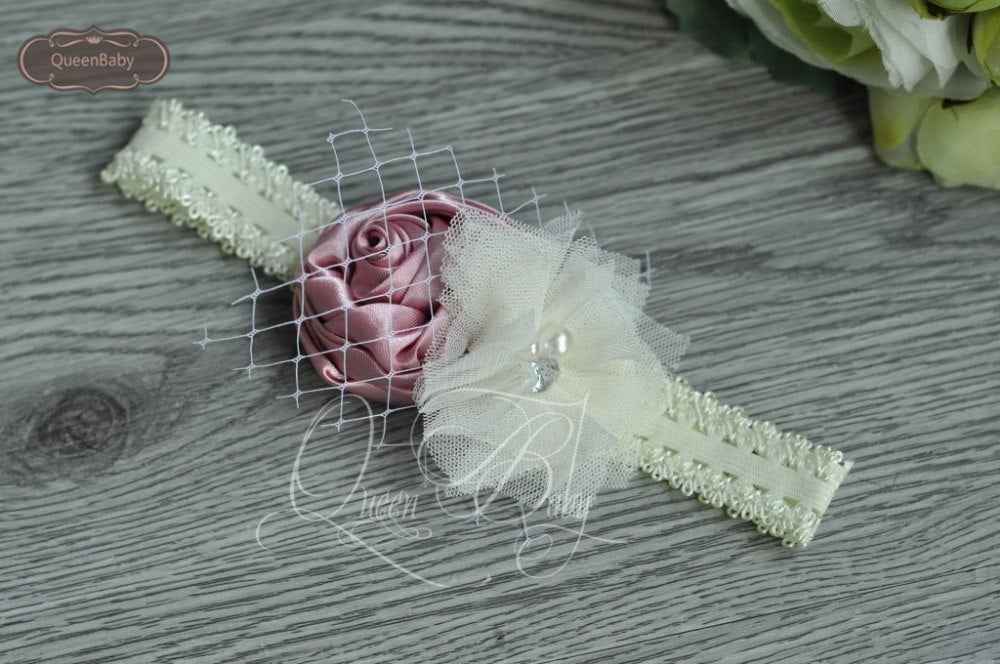 20pcs/lot  Satin  Flower Matching Ivory Lace Headband  Baby Headband Flowergirl Hair Band