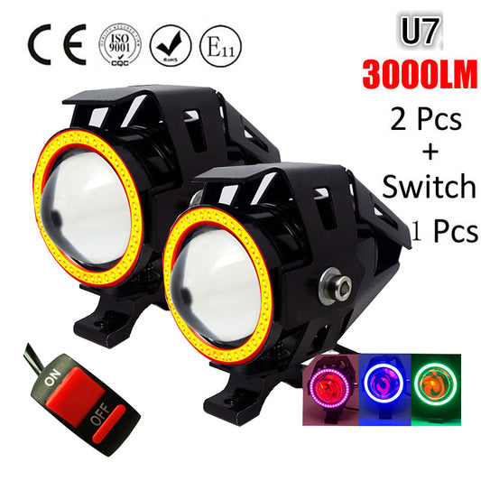 2PCS 125W 12V Motorcycle Headlight spotlight moto U7 LED Driving car Fog work Light Head spot Decorative Lamp DRL U5 angel eyes