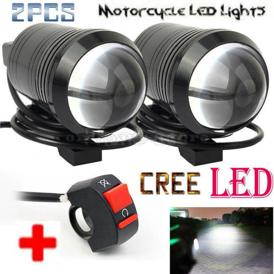 2PCS Fisheye Lens U1 LED Motorcycle Universal Work Light Headlight Driving Fog Spot Head Lamp Night Safety + 1pcs Free Switch