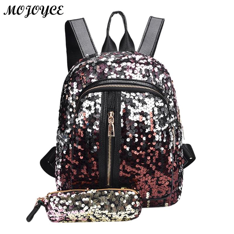 2pcs/1pc New Sequins Backpack New Teenage Girls Fashion Bling Rucksack Students School Bag with Pencil Case Clutch Mochilas