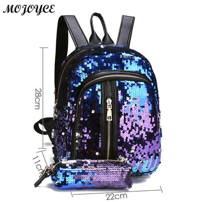 2pcs/1pc New Sequins Backpack New Teenage Girls Fashion Bling Rucksack Students School Bag with Pencil Case Clutch Mochilas