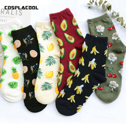 [COSPLACOOL]Korean Fresh Fruits Socks Lemon Avocado Pineapple Cherry Blueberry Orange Gardenias Banana Flamingos Plumerias