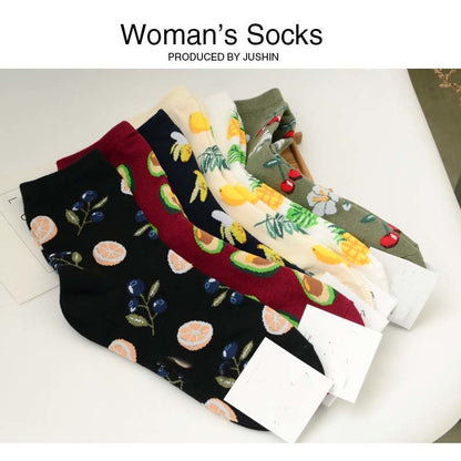 [COSPLACOOL]Korean Fresh Fruits Socks Lemon Avocado Pineapple Cherry Blueberry Orange Gardenias Banana Flamingos Plumerias