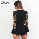 CWLSP Fashion Sexy V Neck Hollow Out Women Summer Playsuit Long Sleeve Tie up jumpsuit Female combishort femme ete QL3195