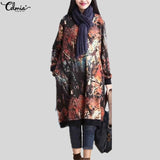Celmia 2018 Autumn Women Long Sleeve Dress Winter Velvet Pockets Casual Loose Oversized Print Vintage Midi Dresses Plus Size 5XL
