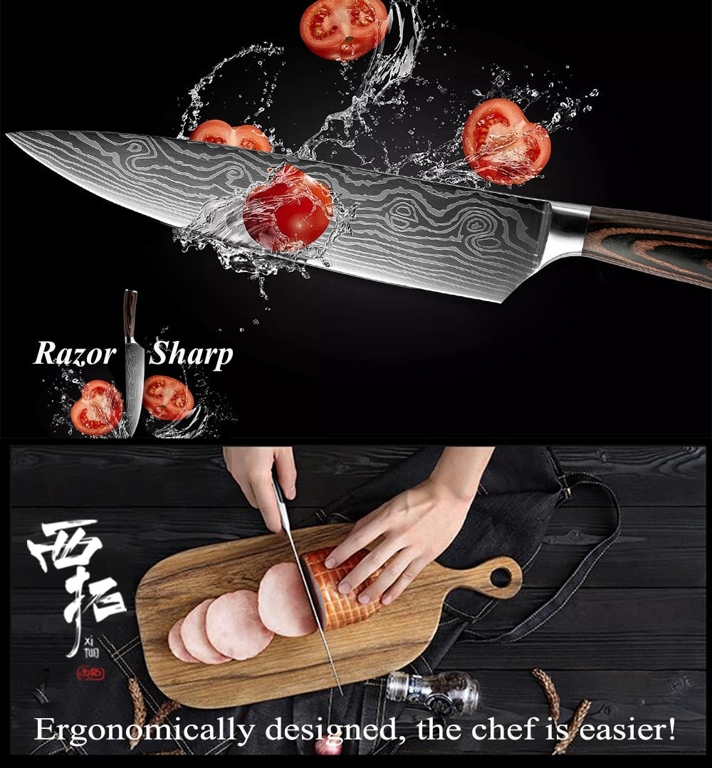 XITUO High quality 8"inch Utility Chef Knives laser Damascus steel Santoku kitchen Knives Sharp Cleaver Slicing Gift Knife