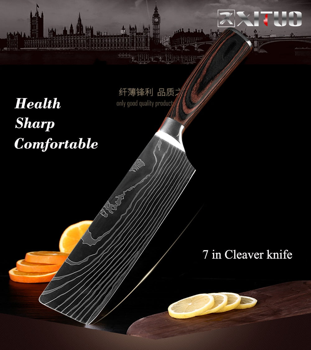 XITUO High quality 8"inch Utility Chef Knives laser Damascus steel Santoku kitchen Knives Sharp Cleaver Slicing Gift Knife