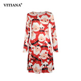 Plus Size S-5XL Winter Christmas Party Dress 2017 Women Long Sleeve O-Neck Casual Print Dresses Cute Cartoon New Year Clothing
