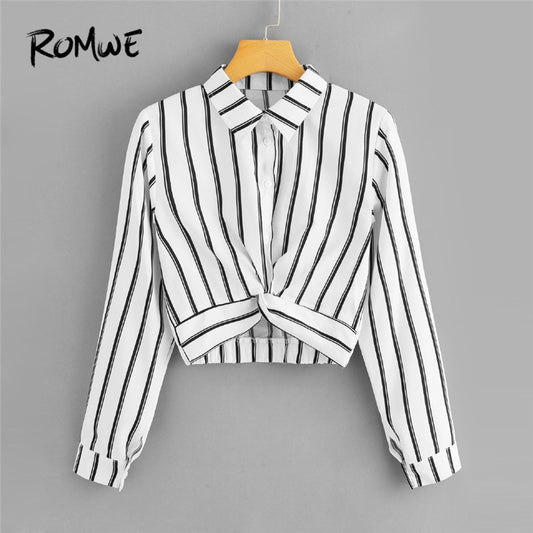 ROMWE Womens Tops and Blouses Long Sleeve Ladies Casual Crop Top Half Placket Female Shirts Summer Twist Front Striped Blouse