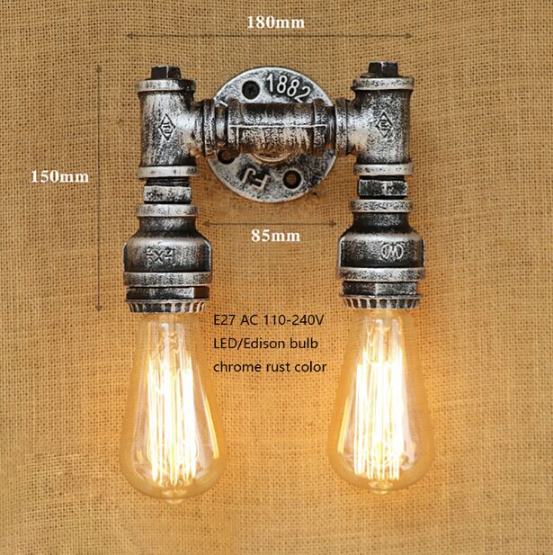 Retro E27 Loft Industrial 2 lights metal wall lamp rust Water pipe sconce lights for living room bedroom restaurant bar