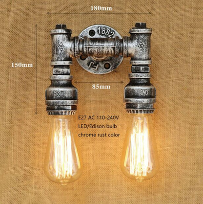 Retro E27 Loft Industrial 2 lights metal wall lamp rust Water pipe sconce lights for living room bedroom restaurant bar