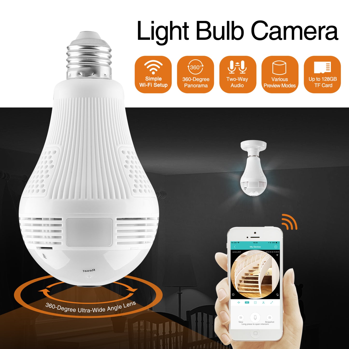 SANNCE 360 degree 960P Wireless IP Camera Bulb Light FishEye Smart Wireless CCTV Camera 1.3MP Panoramic Security WiFi Camera