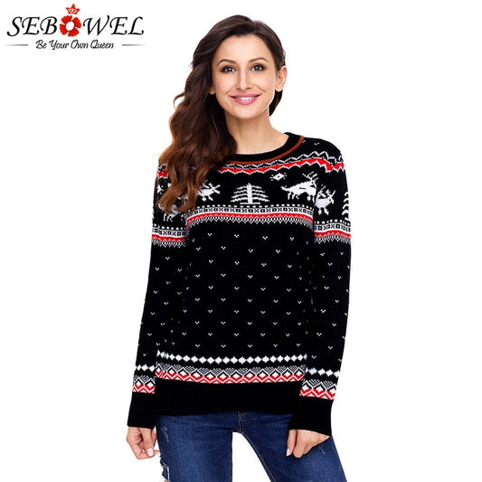 SEBOWEL Lady Christmas Knitted Sweater Winter Warm Jumper Reindeer Pattern Pullovers Style Autumn 2018 Jumper for Woman Sweaters