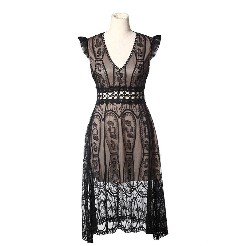 SESOAF Sexy Hollow Out Black White Lace Dress Women Summer High Waist Sleeveless Backless Dress Elegant Christmas Dress Vestidos