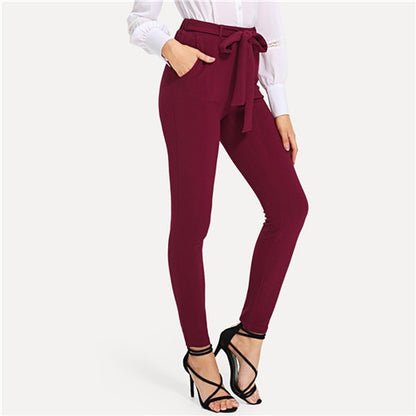 SHEIN Burgundy Elegant Self Tie Solid Skinny Knot Elastic Mid Waist Pants Spring Fall Women Weekend Casual Trousers