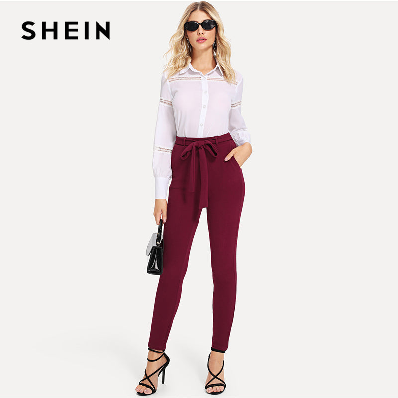 SHEIN Burgundy Elegant Self Tie Solid Skinny Knot Elastic Mid Waist Pants Spring Fall Women Weekend Casual Trousers