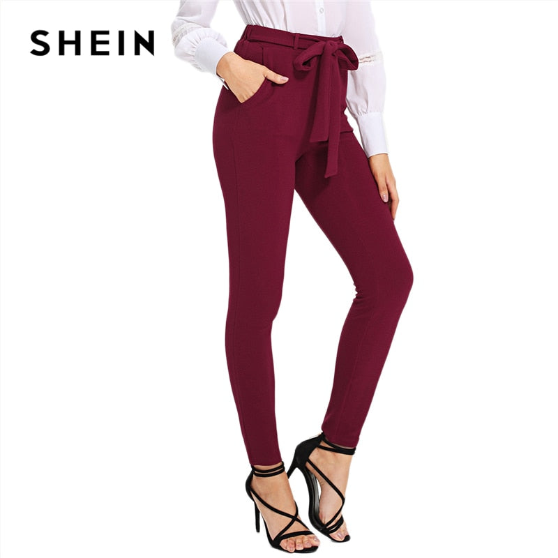 SHEIN Burgundy Elegant Self Tie Solid Skinny Knot Elastic Mid Waist Pants Spring Fall Women Weekend Casual Trousers