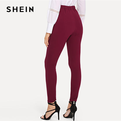 SHEIN Burgundy Elegant Self Tie Solid Skinny Knot Elastic Mid Waist Pants Spring Fall Women Weekend Casual Trousers