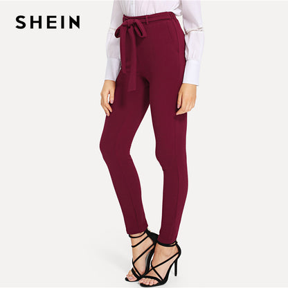 SHEIN Burgundy Elegant Self Tie Solid Skinny Knot Elastic Mid Waist Pants Spring Fall Women Weekend Casual Trousers