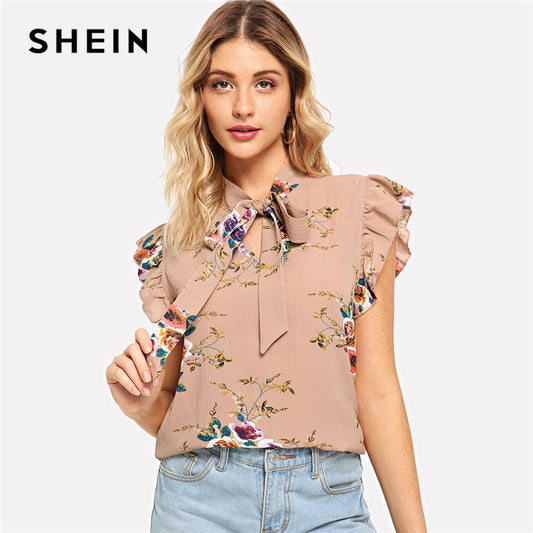 SHEIN Flounce Shoulder Tied Neck Floral Blouse Pink Ruffle Sleeveless Chiffon Blouses Women Summer Casual Elegant Tops