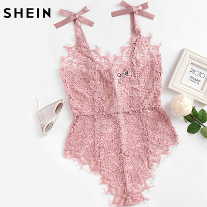 SHEIN Ribbon Tie Shoulder See Though Floral Lace Bodysuit Ladies Sexy Bodysuit Pink Sleeveless V Neck Cute Bodysuit