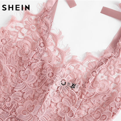 SHEIN Ribbon Tie Shoulder See Though Floral Lace Bodysuit Ladies Sexy Bodysuit Pink Sleeveless V Neck Cute Bodysuit