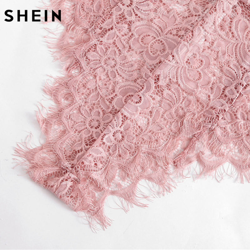 SHEIN Ribbon Tie Shoulder See Though Floral Lace Bodysuit Ladies Sexy Bodysuit Pink Sleeveless V Neck Cute Bodysuit