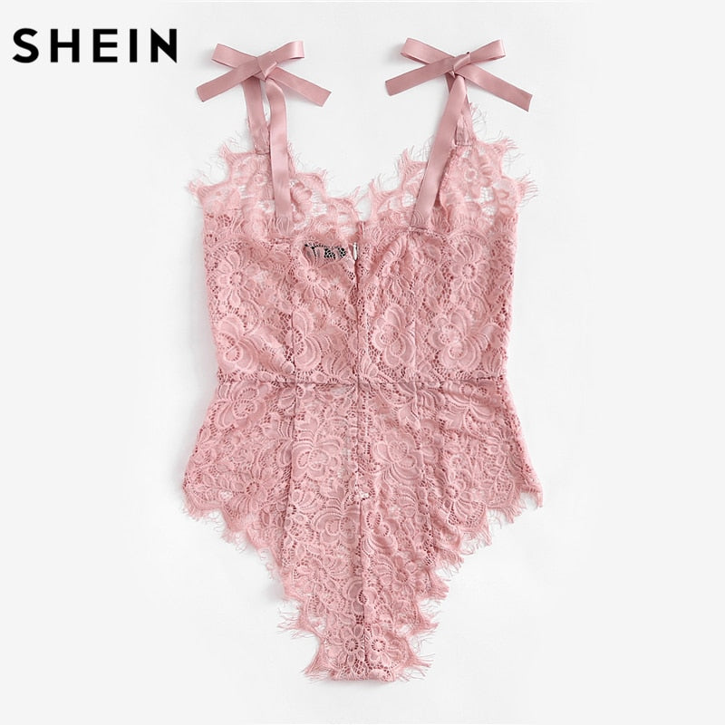 SHEIN Ribbon Tie Shoulder See Though Floral Lace Bodysuit Ladies Sexy Bodysuit Pink Sleeveless V Neck Cute Bodysuit