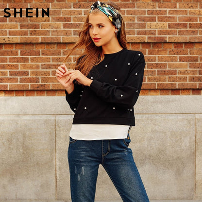 SHEIN Sweatshirt Woman Pearl Beading 2 In 1 Sweatshirt Autumn Women Sweatshirt Black Long Sleeve Elegant Pullovers