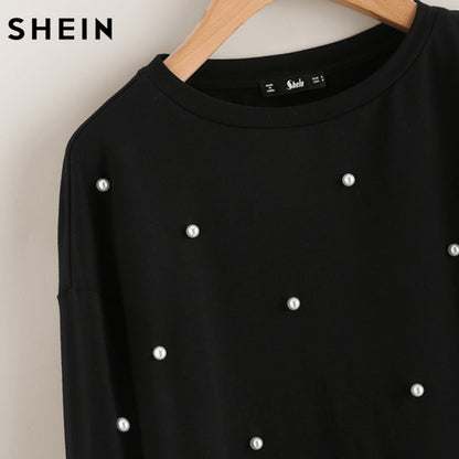 SHEIN Sweatshirt Woman Pearl Beading 2 In 1 Sweatshirt Autumn Women Sweatshirt Black Long Sleeve Elegant Pullovers