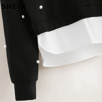 SHEIN Sweatshirt Woman Pearl Beading 2 In 1 Sweatshirt Autumn Women Sweatshirt Black Long Sleeve Elegant Pullovers