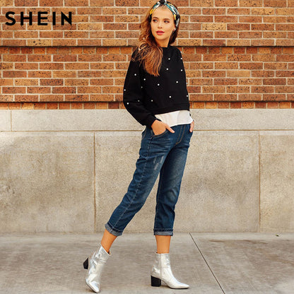 SHEIN Sweatshirt Woman Pearl Beading 2 In 1 Sweatshirt Autumn Women Sweatshirt Black Long Sleeve Elegant Pullovers