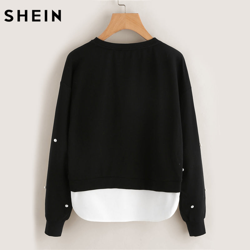 SHEIN Sweatshirt Woman Pearl Beading 2 In 1 Sweatshirt Autumn Women Sweatshirt Black Long Sleeve Elegant Pullovers