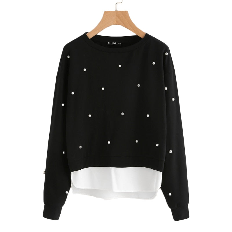 SHEIN Sweatshirt Woman Pearl Beading 2 In 1 Sweatshirt Autumn Women Sweatshirt Black Long Sleeve Elegant Pullovers