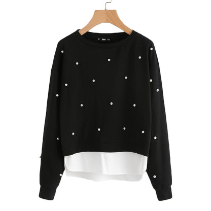 SHEIN Sweatshirt Woman Pearl Beading 2 In 1 Sweatshirt Autumn Women Sweatshirt Black Long Sleeve Elegant Pullovers