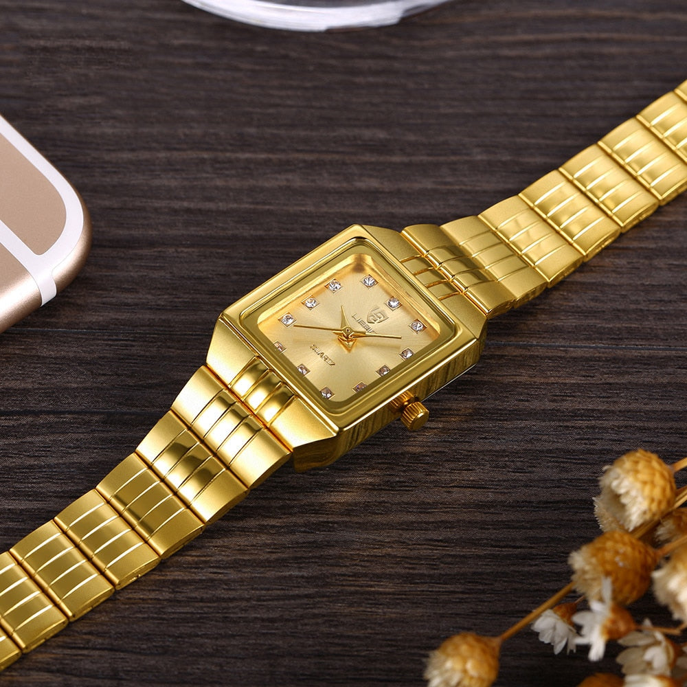 SKMEI Golden Quartz Watch Men Women Watches relogio masculino Top Luxury Gold Bracelet Wrist Watches Steel Female Male Clock