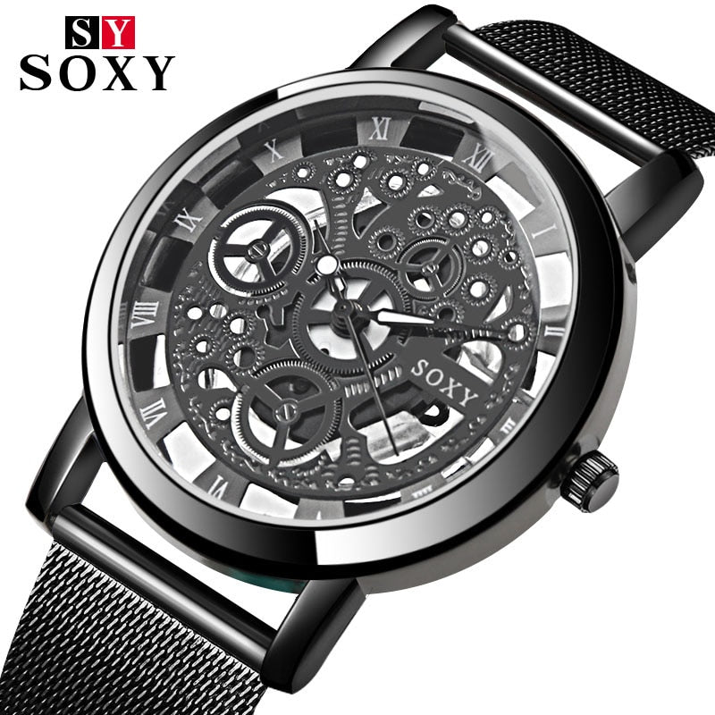 SOXY Watch 2018 Skeleton Wrist Watch Men Simple Style Mesh Belt Men Women Unisex Quartz Watches Hollow Watches relogio masculino