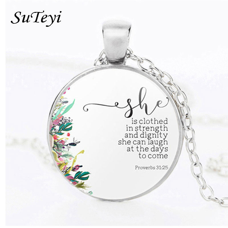 SUTEYI Proverbs 31 25 Necklace Bible Verse She Is Dressed In Strength And Dignity Glass Pendant Christian Inspiration Gifts