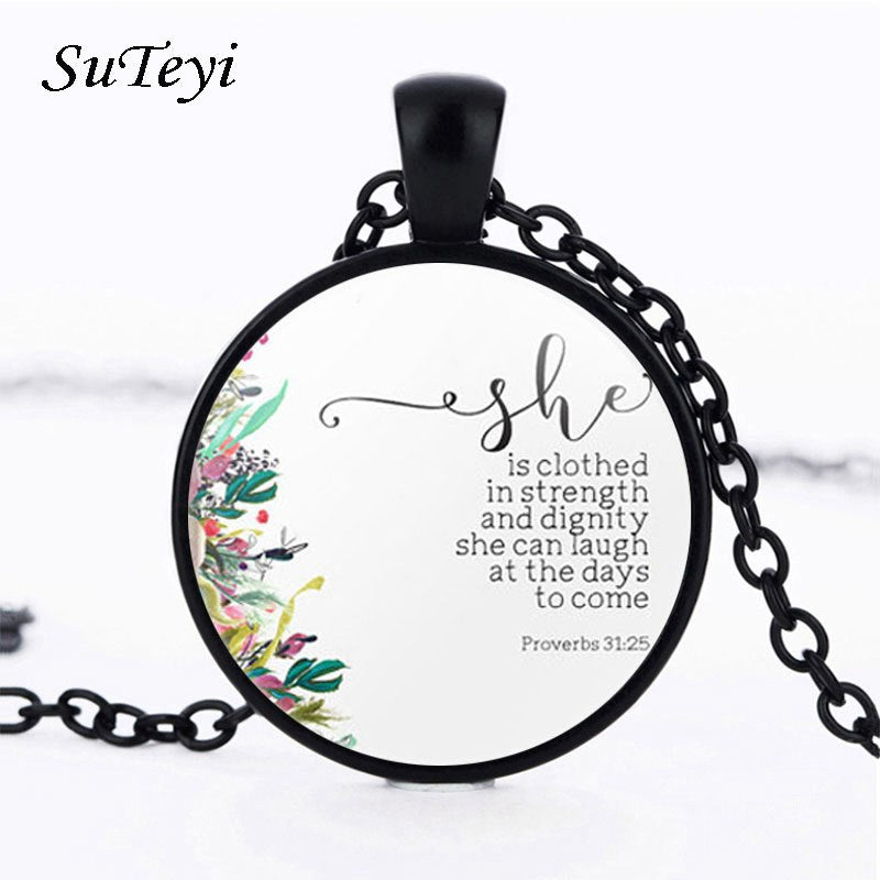 SUTEYI Proverbs 31 25 Necklace Bible Verse She Is Dressed In Strength And Dignity Glass Pendant Christian Inspiration Gifts