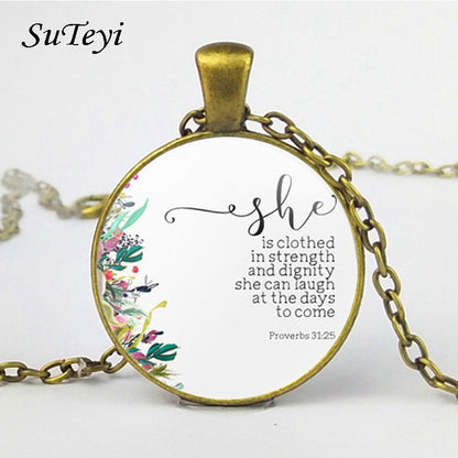 SUTEYI Proverbs 31 25 Necklace Bible Verse She Is Dressed In Strength And Dignity Glass Pendant Christian Inspiration Gifts