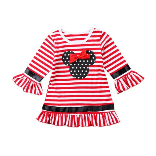 Sale Casual Toddler Kids Girl Christmas Dresses Flare Sleeve Bow Stripe Mini Party Tutu Dress Clothes 1-6Y Red