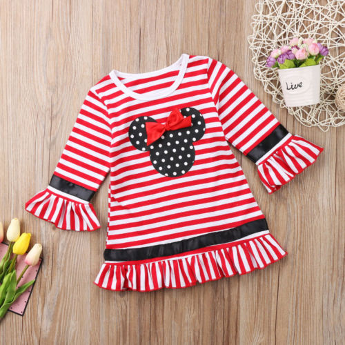 Sale Casual Toddler Kids Girl Christmas Dresses Flare Sleeve Bow Stripe Mini Party Tutu Dress Clothes 1-6Y Red