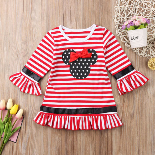 Sale Casual Toddler Kids Girl Christmas Dresses Flare Sleeve Bow Stripe Mini Party Tutu Dress Clothes 1-6Y Red