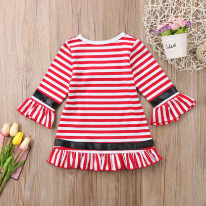 Sale Casual Toddler Kids Girl Christmas Dresses Flare Sleeve Bow Stripe Mini Party Tutu Dress Clothes 1-6Y Red