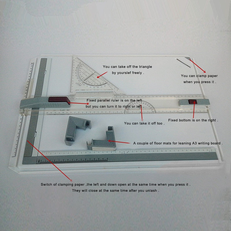 School Supplies NEW A3 Drawing Board Table with Parallel Motion Ruler Protractor and Adjustable Angle Draftsman Art Painting