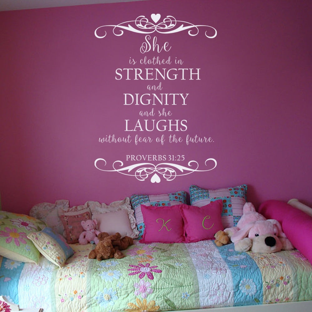 Scripture Bible Verse Wall Decal Art She Is Clothed With Strength and Dignity - Proverbs 31:25  56cm x 41cm