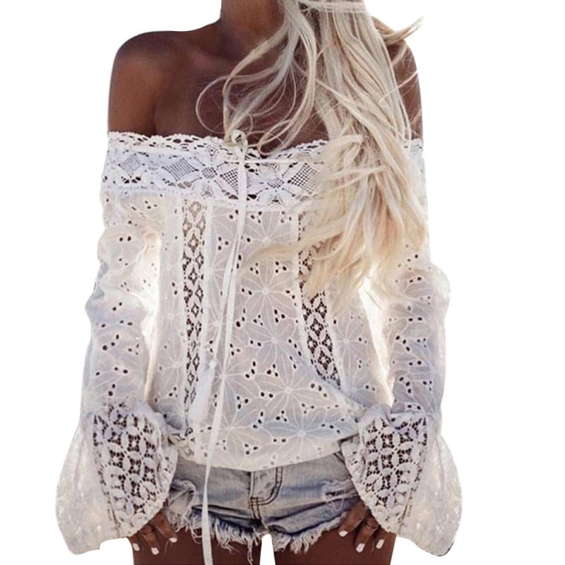 Sexy White Lace Blouse Shirt Women Fashion Off Shoulder Top Slash neck Flare Sleeve Female Blouses Summer Hollow Out Tops