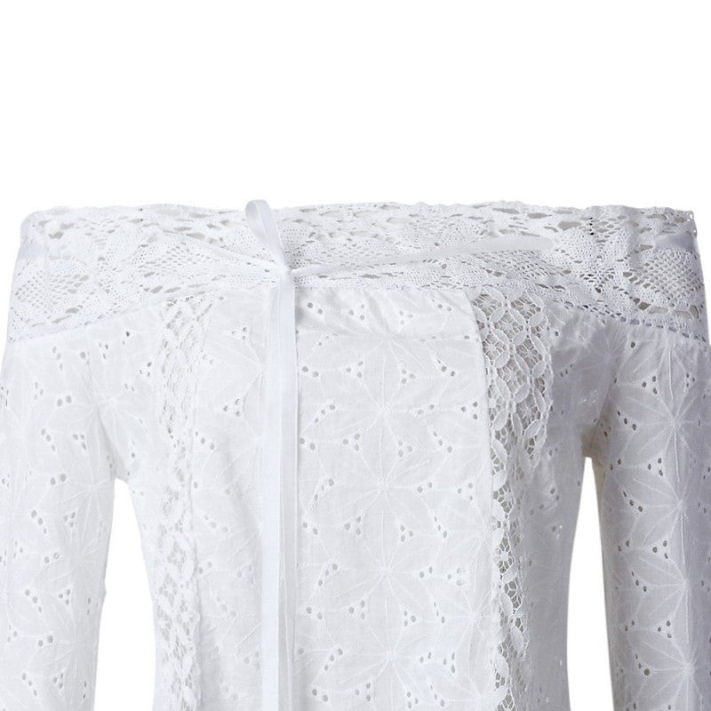 Sexy White Lace Blouse Shirt Women Fashion Off Shoulder Top Slash neck Flare Sleeve Female Blouses Summer Hollow Out Tops