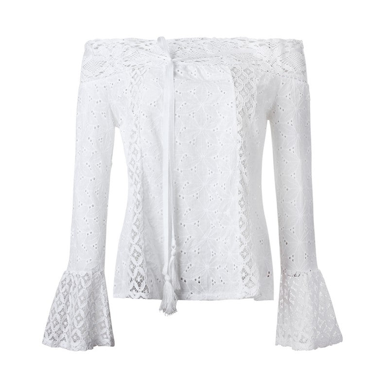 Sexy White Lace Blouse Shirt Women Fashion Off Shoulder Top Slash neck Flare Sleeve Female Blouses Summer Hollow Out Tops