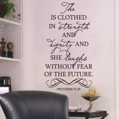 She is clothed in strength and dignity Proverbs 31:25 scripture vinyl wall decal 31" x57"